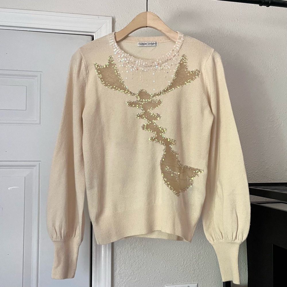 TSUMORI CHISATO cream wool cashmere blend sequin puff long sleeve pullover